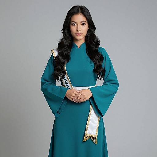 Photograph of a South Asian woman with long black hair, wearing a teal traditional dress with gold-trimmed white sash, standing against a plain