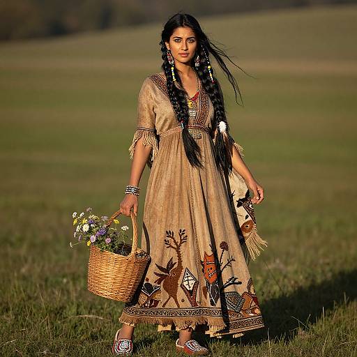 Photograph of an Indian woman in a beige, embroidered dress with long braids, holding a basket of flowers, standing in a sunlit field.