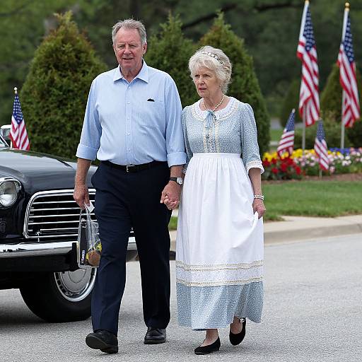 Photograph of elderly couple walking hand in hand, man in light blue shirt and black pants, woman in white lace dress, American flags in background,
