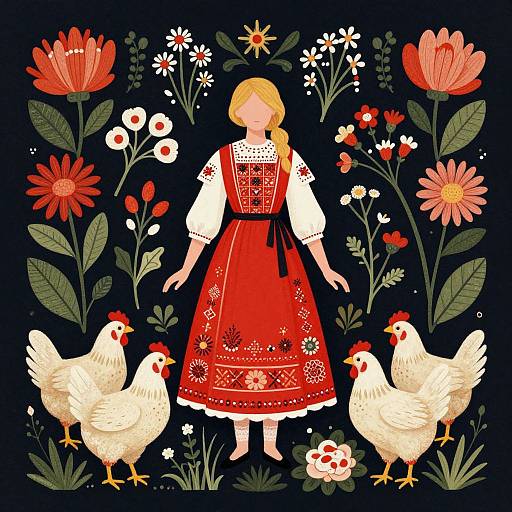 Digital illustration of a blonde girl in a red, embroidered dress with white blouse, surrounded by white chickens and vibrant flowers against a dark background.