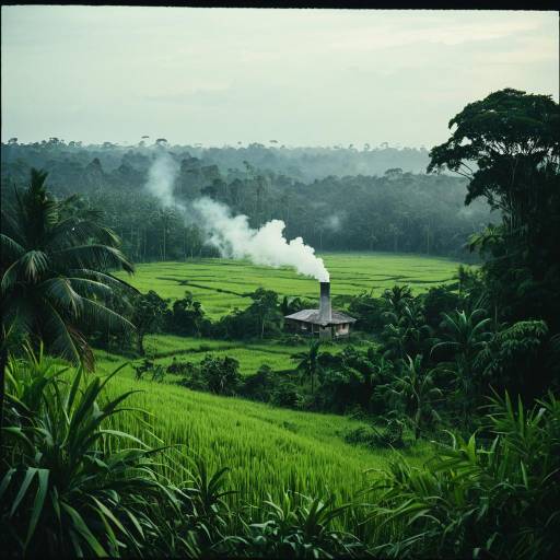 Tropical Jungle with Smoke from Chimney