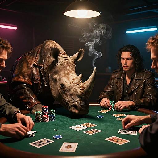 Photograph of a surreal casino scene with a rhinoceros wearing a leather jacket smoking at a poker table, surrounded by three men in leather jackets