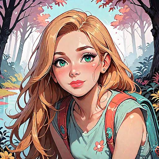 Digital anime-style drawing of a blonde girl with green eyes, wearing a green shirt, pink backpack, and sitting in a colorful autumn forest.
