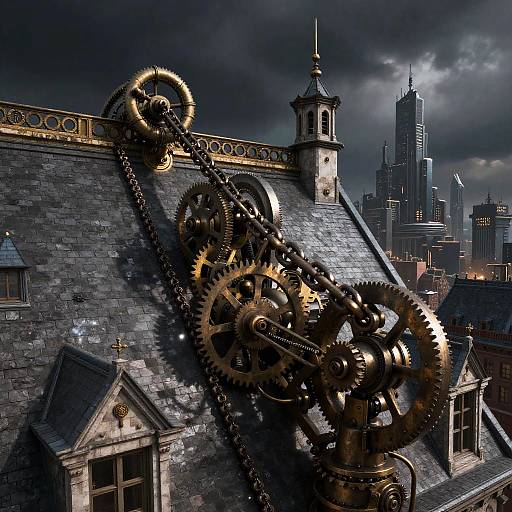 Steampunk cityscape photograph: intricate golden gears and cogs on a dark gray, Gothic-style rooftop, with a stormy sky and towering,