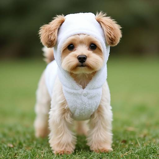 Adorable, tan-furred puppy in a white fleece Halloween costume with a heart-shaped neckline, standing on green grass, focused gaze. Photograph.