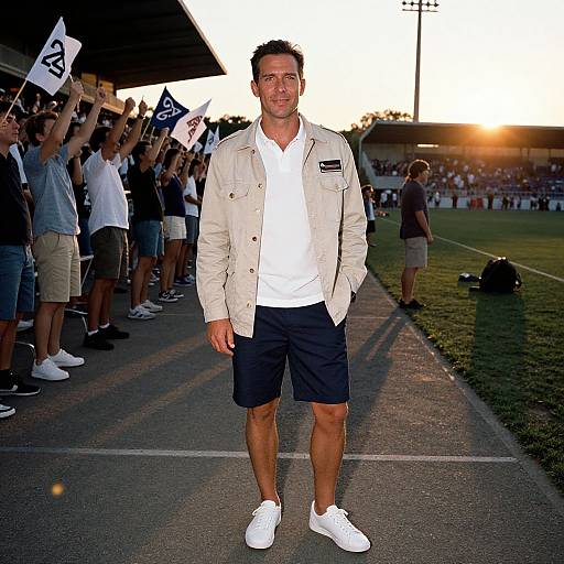 Photograph of a muscular man in a white shirt and beige jacket, standing in front of cheering football fans with flags, at sunset on a stadium field