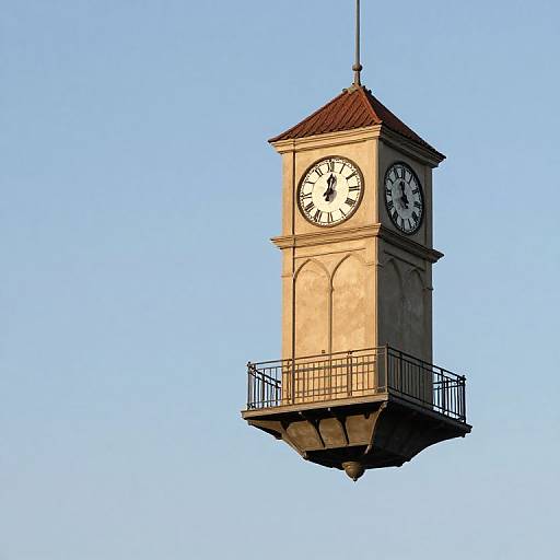 Photograph of a beige, clock tower with red roof, hanging against a clear blue sky, featuring black iron balcony railings.
