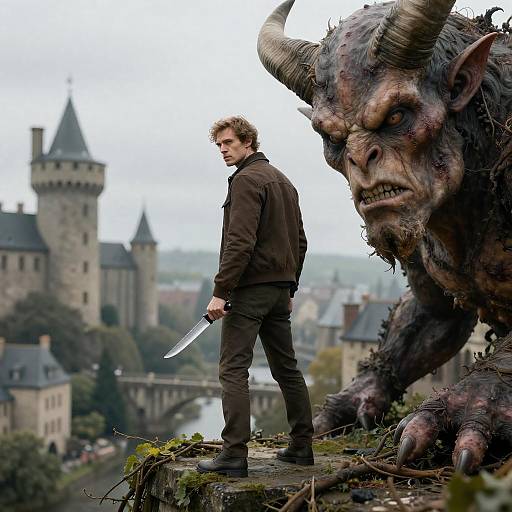 Hero vs. Monster in Medieval Cityscape