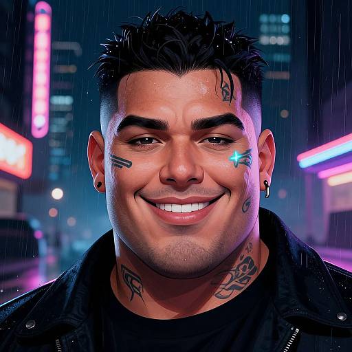 Digital portrait of a smiling, tattooed man with dark hair, neon cityscape background, rain, black jacket, face paint, and glowing star on