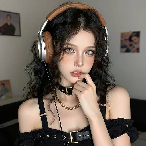Photograph of a pale-skinned, dark-haired woman with gray eyes, wearing large brown headphones, a black off-shoulder top, and a