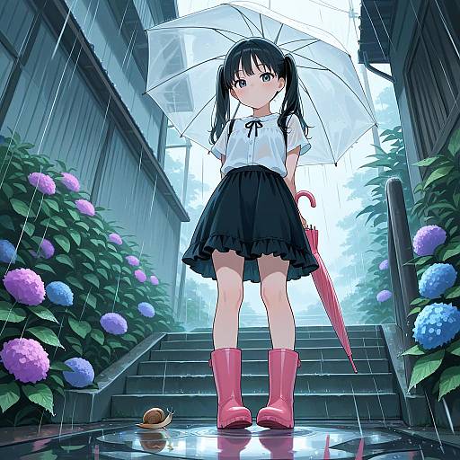 Anime-style digital illustration of a girl with black pigtails, white blouse, black skirt, pink boots, and transparent umbrella, standing on rain-so
