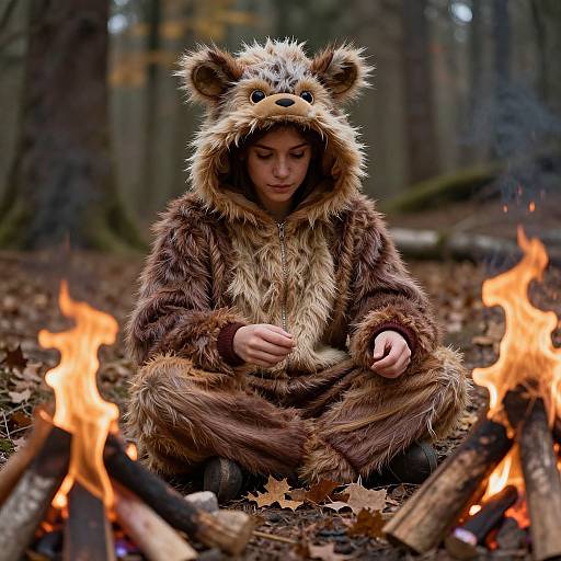 Photograph of a person in a brown bear costume, sitting cross-legged by a campfire in a forest, with autumn leaves scattered around.