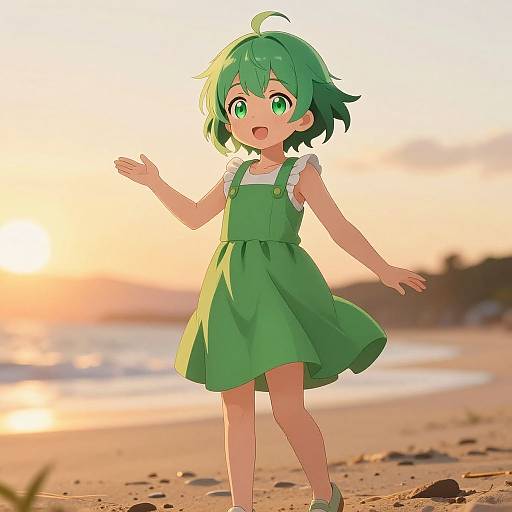 Anime Girl in Green Dress at Sunset