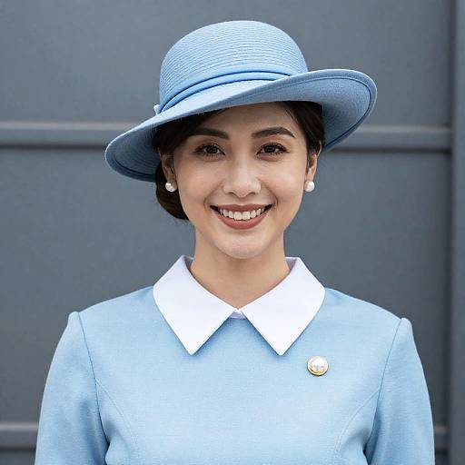 Smiling Woman in Light Blue Attire