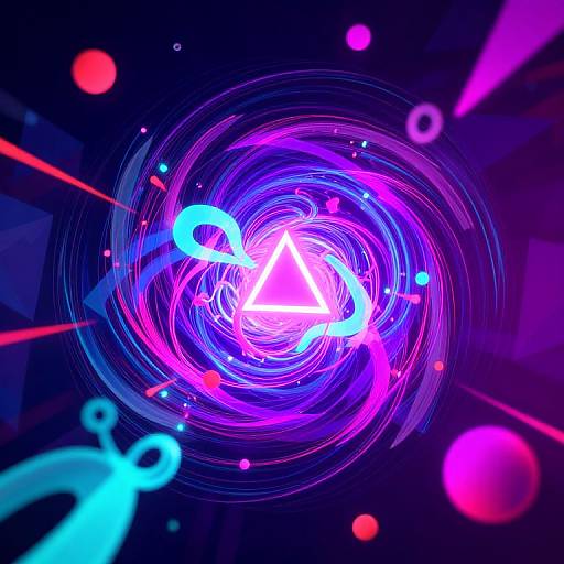 Vibrant digital artwork featuring a neon pink triangle at the center, surrounded by swirling blue and purple lights with red and pink orbs. Dynamic, futuristic