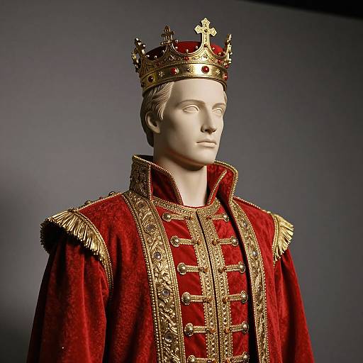 Photograph of a white mannequin head wearing an ornate red velvet royal robe with gold embroidery and a detailed gold crown.