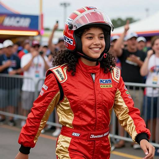 Photograph of smiling young Latina woman with curly hair in red and gold racing suit, helmet, and sponsor logos, walking in front of a cheering crowd