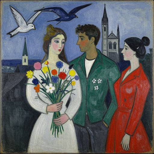Expressionist painting of three people: fair-skinned woman in white dress holding colorful flowers, dark-haired man in green jacket, fair-skinned woman in