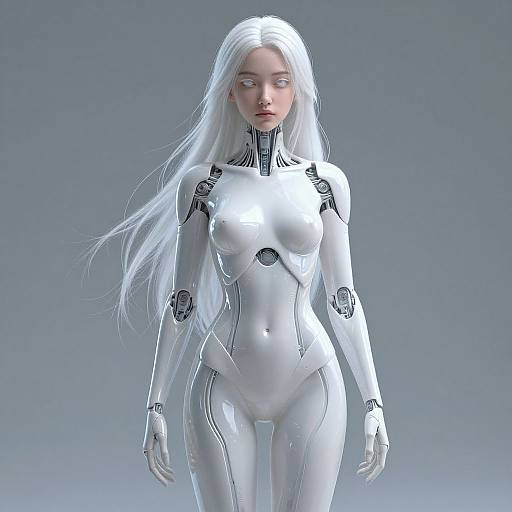 CGI image of a pale-skinned, white-haired female cyborg in a shiny, white, form-fitting bodysuit with black circuitry