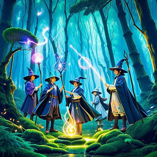 Anime Wizards Casting Spells in Mystical Forest