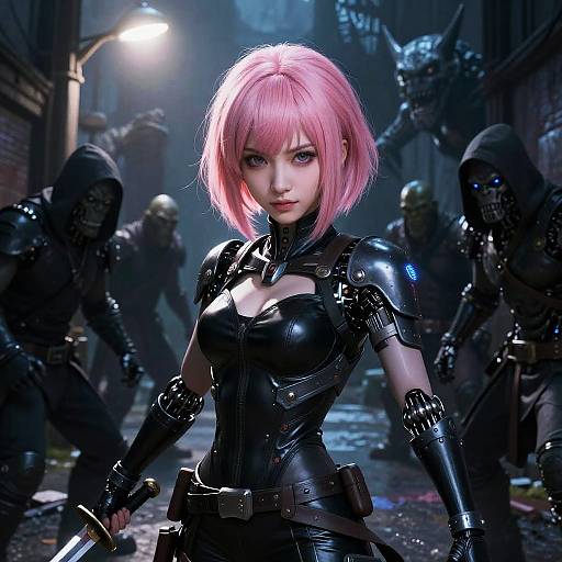 CGI image of a pink-haired woman in a black, glossy, armored suit standing confidently in a dark, alleyway with hooded, menacing figures