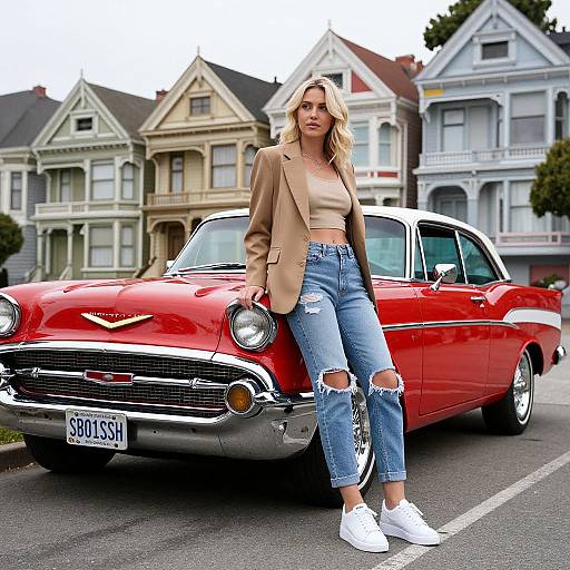 Photograph of a blonde woman in a beige blazer, ripped blue jeans, and white sneakers leaning against a vibrant red classic car in front of colorful