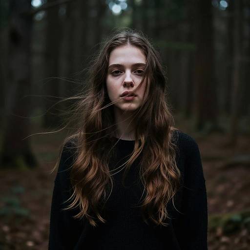 Photograph of a pensive young woman with long, wavy brown hair, wearing a black sweater, standing in a dark, blurred forest. Her