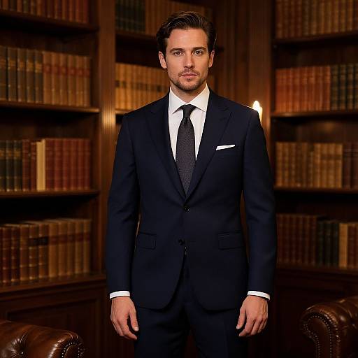 Photograph of a handsome man with short dark hair and trimmed beard, wearing a black suit, white shirt, and black tie, standing in a dim