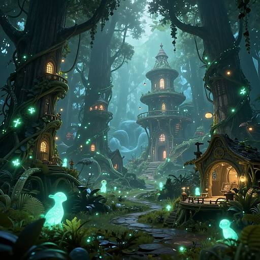Fantasy forest scene with glowing fireflies, enchanted treehouses with lit windows, and a mystical, blue-lit pathway through towering trees. Digital art
