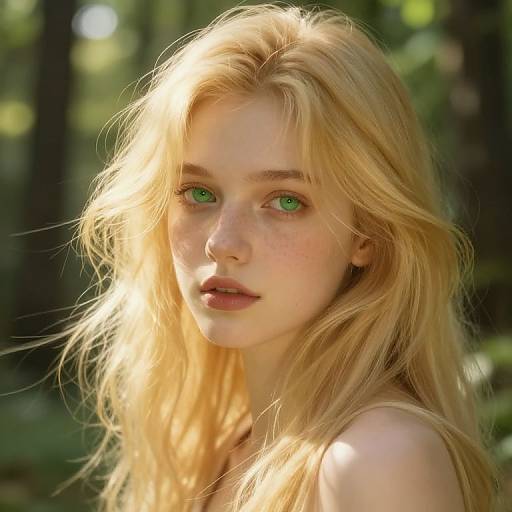 Photograph of a young, fair-skinned, blonde woman with striking green eyes, delicate freckles, and sunlit, wavy hair,