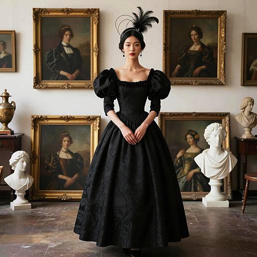 Photograph of an Asian woman in a black, 18th-century-style dress with puffed sleeves and a feathered hat, standing in an art