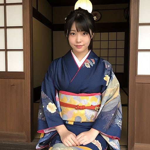 Photograph of a young Japanese woman in a navy blue floral kimono with yellow and red obi, sitting in a traditional wooden doorway, smiling softly