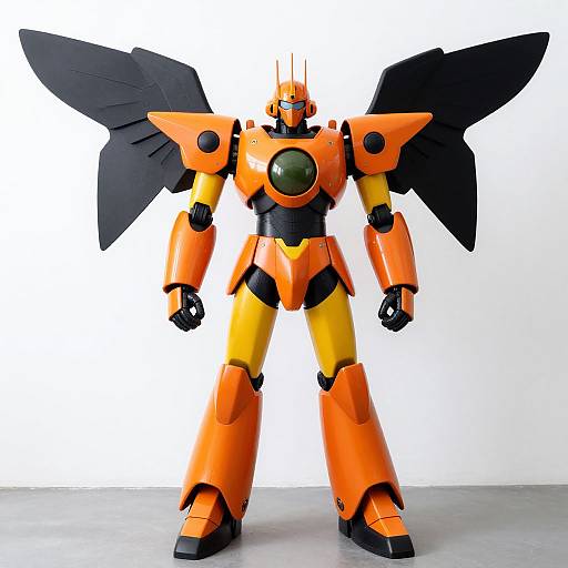 Photograph of an orange and yellow robotic figure with black wings, standing against a plain white background. The robot has a green circular chest piece and black