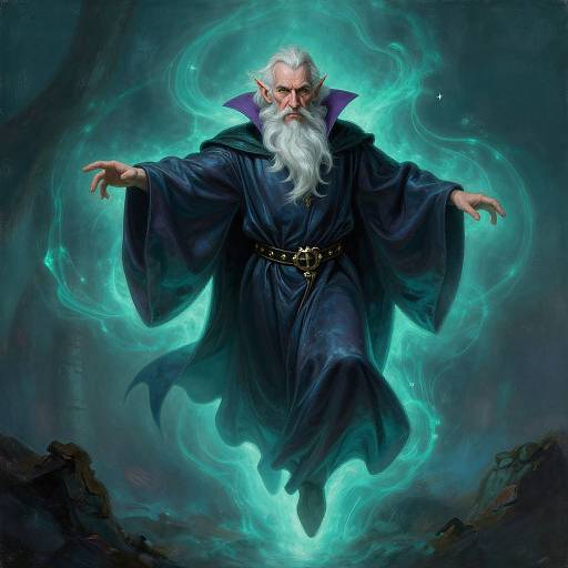 Digital artwork of a fierce, white-bearded wizard with pointed ears, floating in a dark, mystical forest, surrounded by glowing blue magical energy.