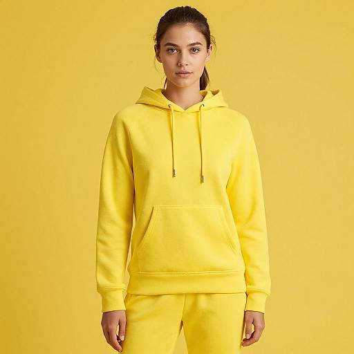 Photograph of a young woman with dark hair in a ponytail, wearing a bright yellow hoodie and matching yellow pants, standing against a solid yellow background
