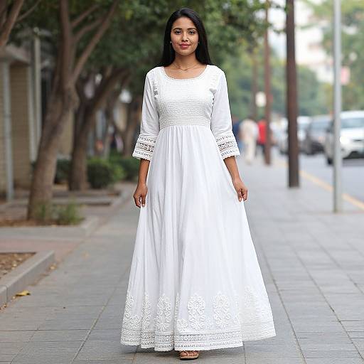 Photograph of a South Asian woman with long black hair, wearing a white, lace-trimmed, ankle-length dress, standing on a tree-lined