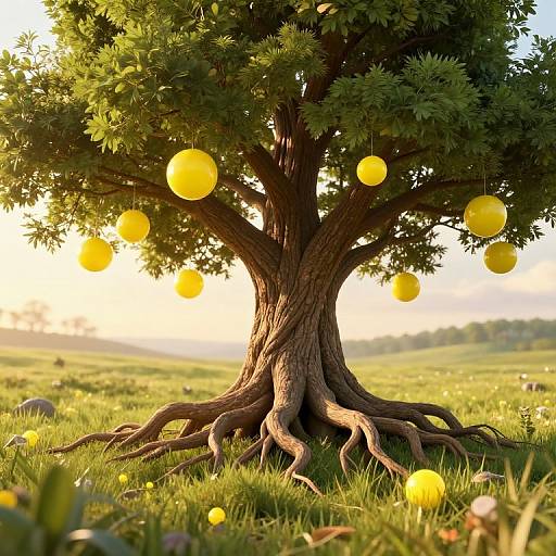 Photorealistic CGI of a lush, sunlit lemon tree with vibrant yellow lemons hanging, rooted in grassy meadow, golden sunset background.