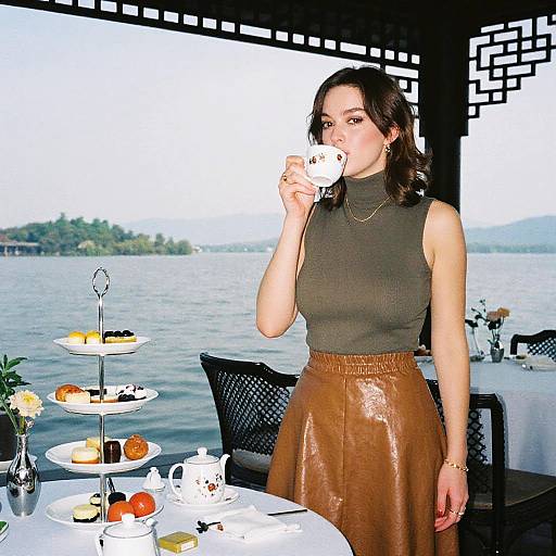 Photograph of a woman with wavy dark hair, wearing a dark green sleeveless top and brown leather skirt, sipping tea under an outdoor pav
