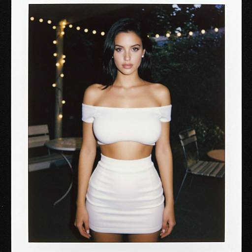 Photograph of a woman with dark hair, wearing an off-shoulder white crop top and high-waisted mini skirt, standing against a dark