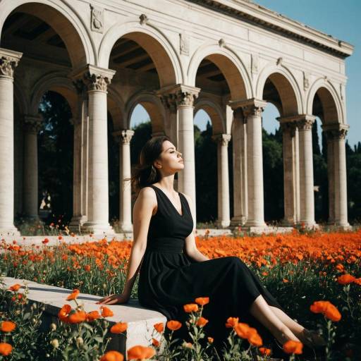 Woman in Black Dress Sitting Among Orange Flowers by Classical Arches