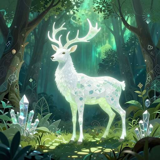 Digital art of a luminous, glowing white deer with intricate patterns, standing in a mystical forest filled with glowing crystals and ethereal green light.