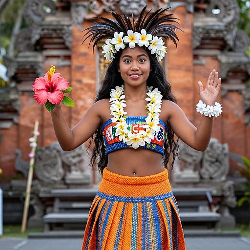 Photograph of a smiling young woman with dark skin, black hair, wearing a flower crown and traditional Indonesian dance outfit, holding a hibiscus