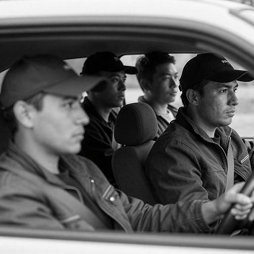 Four Men in Car with Intense Expressions