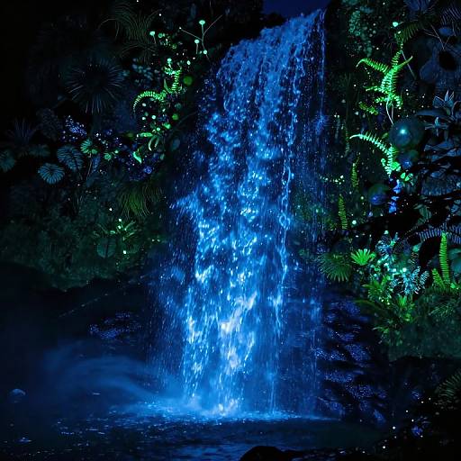 Digital art of a glowing blue waterfall surrounded by dark, neon green ferns and plants, creating a mystical, bioluminescent forest scene.