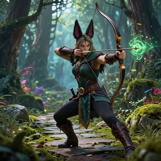 Digital fantasy artwork: Elf archer with black rabbit ears, green magic aura, forest path, mossy rocks, vibrant flowers, dynamic bow pose.