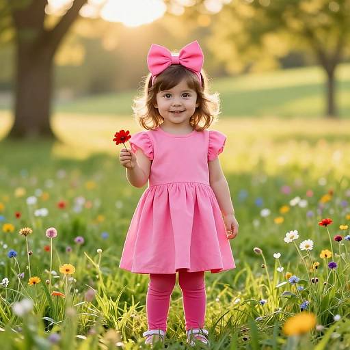 Photograph of a smiling young girl with brown hair, wearing a pink dress, pink leggings, and a large pink bow, holding a red flower,