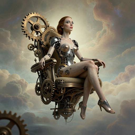 Digital art of a red-haired woman in steampunk gear, seated on a mechanical throne with gears, against a cloudy sky. She wears metallic armor