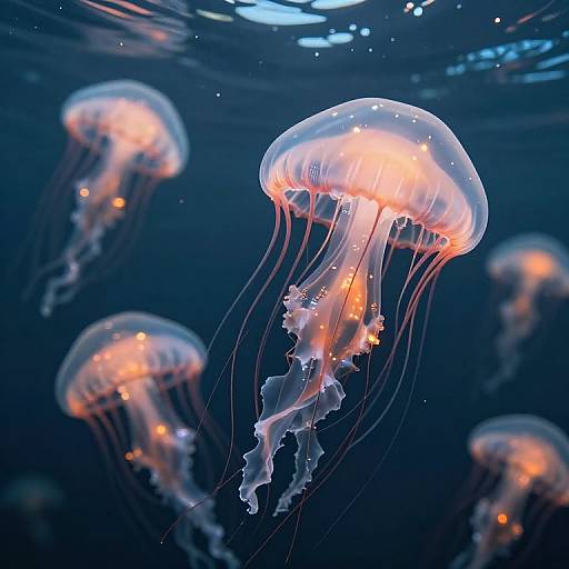 Photograph of glowing, translucent jellyfish with orange-lit interiors, floating gracefully in dark blue underwater ocean, surrounded by subtle light reflections.