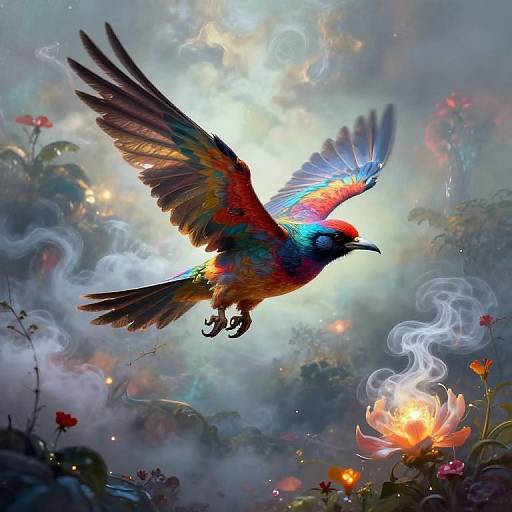 Fantastical Opium Bird in Misty Landscape
