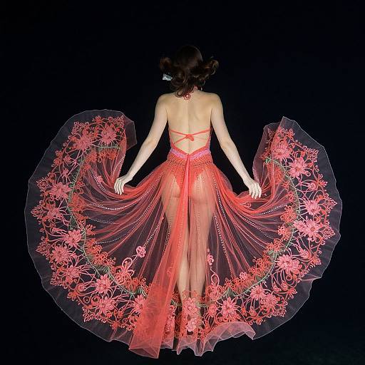 Photograph of a woman from behind in a backless, red sheer gown with pink floral embroidery, spread out in a circular display against a black background